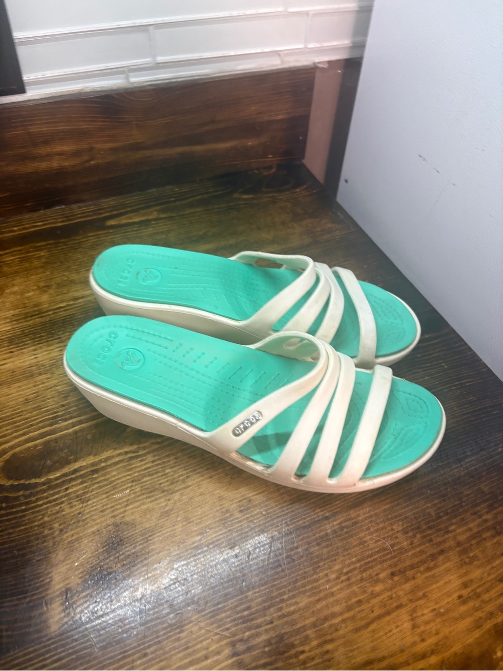 Crocs white and teal sandals size 8